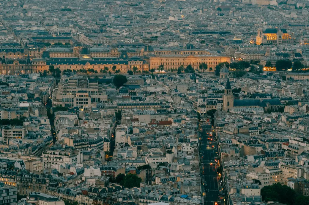The rooftops of Paris at dusk, seen from above