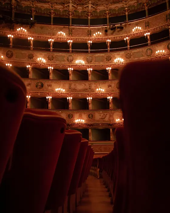 The gilded boxes and chandeliers of an opera house