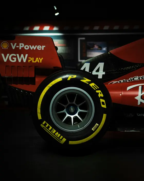 The front wing and tyre of a Formula 1 car
