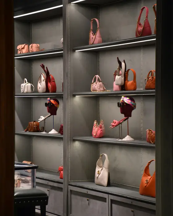 Handbags displayed on the shelves of a luxury boutique